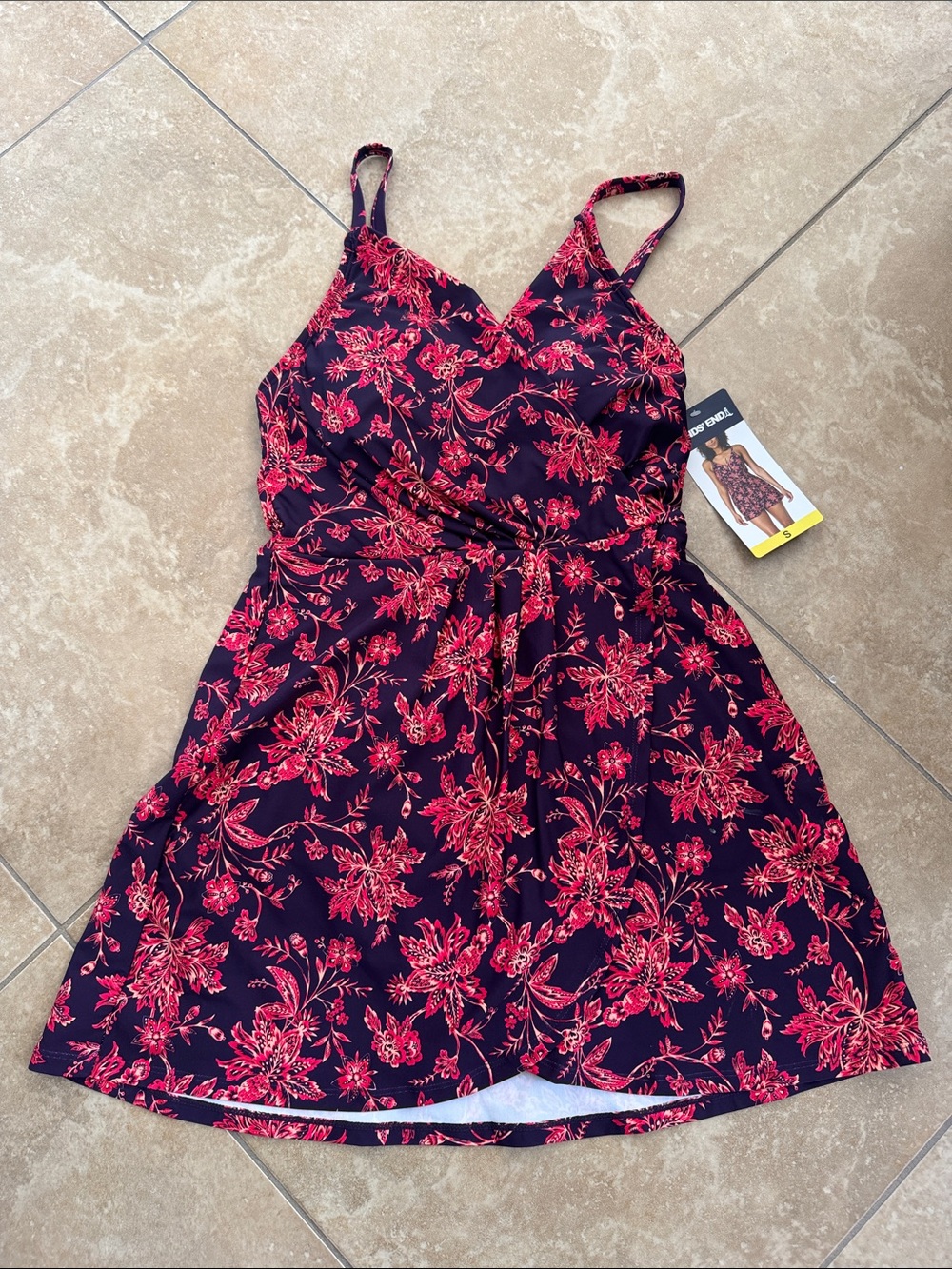 Lands' End Black One-Piece Swimsuit with Red Floral Print